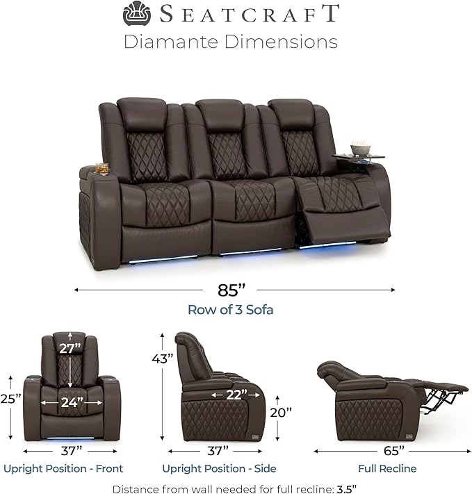 Seatcraft Diamante Zero-Gravity CoolZero Italian Leather Home Theater Seating, Power Headrest, Power Recline, Row of 3 Sofa, Brown