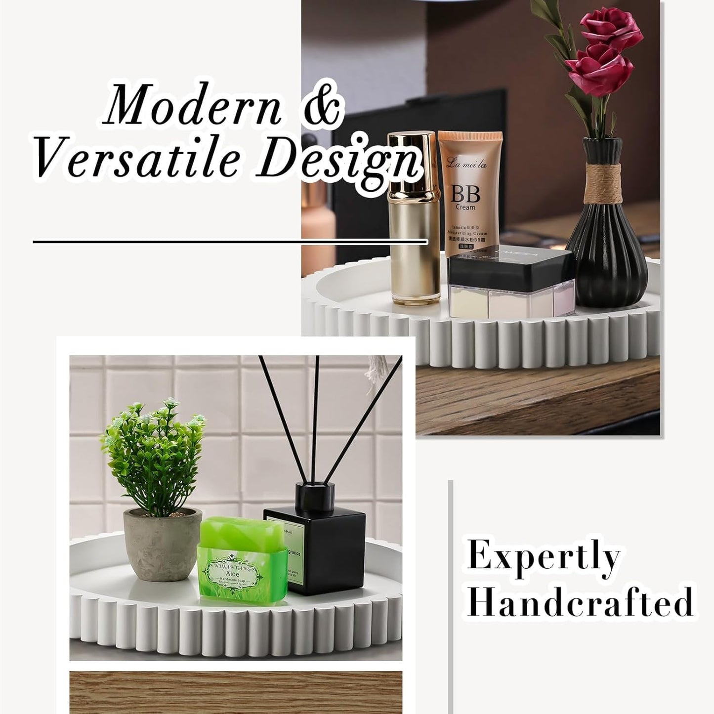 Handmade 12in Decorative Tray for Coffee Table Tray Decor, White Wooden Decorative Round Tray for for Coffee Table, Dining Room Table Entryway and Living Room Table