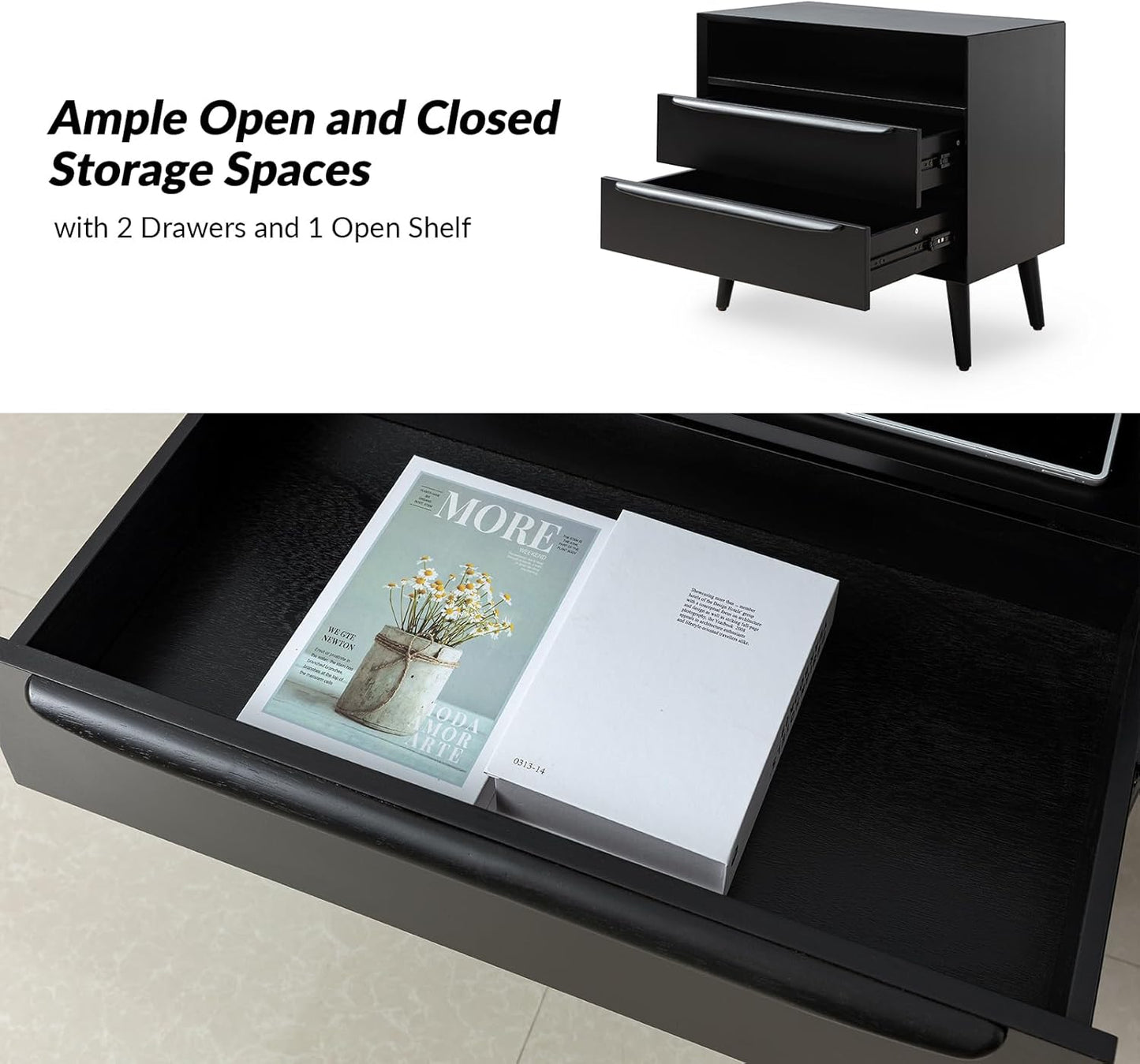 HULALA HOME Nightstand with Charging Station, Mid-Century Modern 2 Drawer and Open Shelf Dresser for Bedroom, Fluted Bedside Table, Black