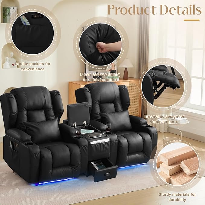 Wall Hugger Power Recliner Chair, Home Theater Seating Electric Recliing Sofa with Massage & Heat, Cup Holder, USB Port, LED Ambient Light, Storage for Living Room (Black, 2 Chairs + Console)