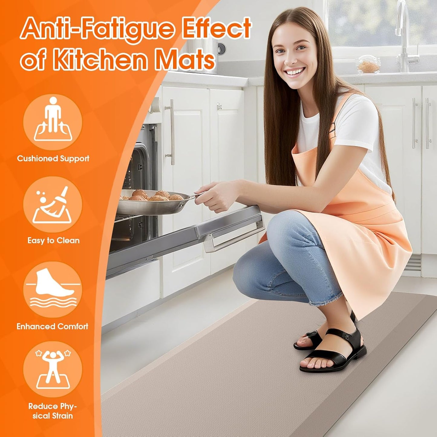 Kitchen Mat, Cushioned Thick Floor Comfort Mat, with Non-Slip Bottom, Waterproof & Stain Resistant & Easy Clean, Standing Desk Mat for Kitchen, Sink, Office (17.3''x60'', Khaki)