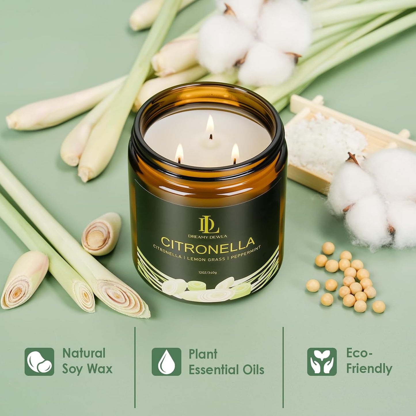Citronella Candles Outdoor, Large 3 Wick 12oz Scented Candles up to 60 Hours Burning, Natural Citronella Soy Wax Candle for Summer Outside Camping Patio Picnic Garden