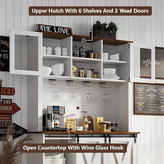 4ever2buy Farmhouse Coffee Bar Cabinet with Sliding Barn Doors, 72'' Hutch Cabinet with Storage, White Bar Cabinet with Glass Doors and Wine Rack, Tall Wine Bar for Living Dining Room