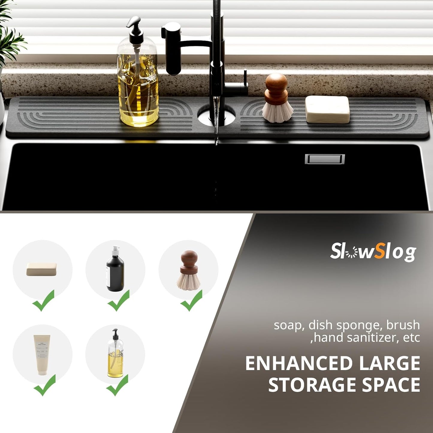 Faucet Mat for Kitchen Sink - 23.6" Diatomite Stone Sink Tray - Surface Protectors for Kitchen Sink Splash Guard - Dark Gray