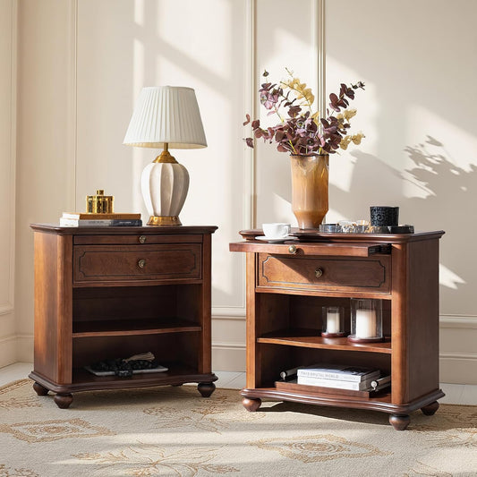 HULALA HOME Wooden Nightstand with Pull-Out Shelf, Mid Century Modern Nightstand with Solid Wood Drawers and Legs, Adjustable Storage Set of 2, Brown