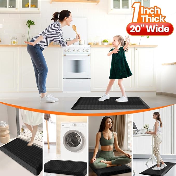 StepRite 1” Thick Kitchen Mats for Floor, Anti Fatigue Kitchen Rugs, Non-Slip,Heavy Duty Waterproof Kitchen Rug, Standing Desk Mat for Home, Kitchen, Office(Black)