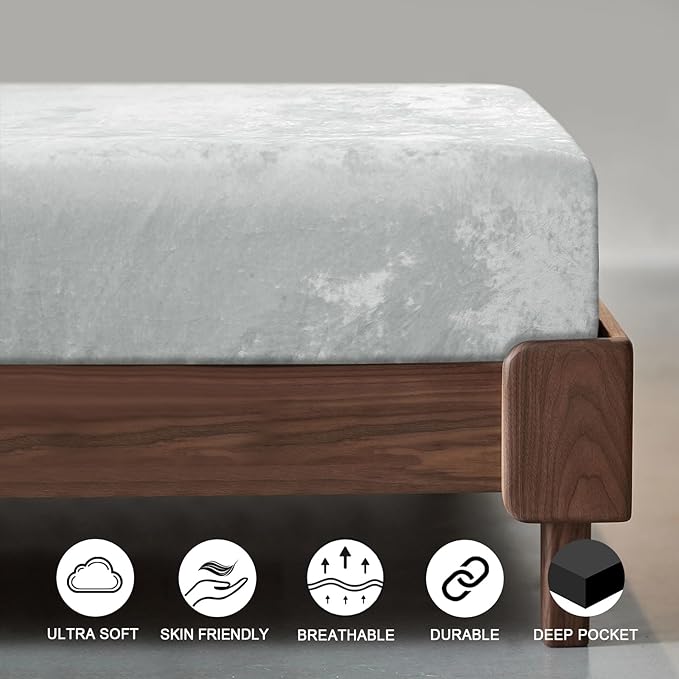 PHF Truly Velvet Fitted Sheet Only King Size, Luxury Super Soft Cozy Fuzzy Fleece Bottom Sheet, Deep Pocket Up to 16",Strenghth Elastic Band, Suitable for Fall Winter Spring,No Pillowcases,Sliver Grey