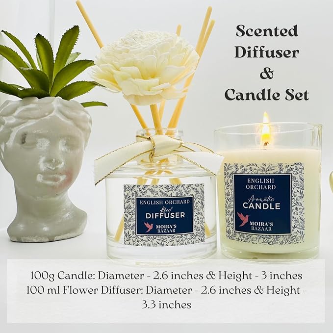 Moira's Bazaar Elysian Essence Aromatherapy Gift Set – Luxury Candle and Flower Reed Diffuser – Perfect Scented Gift for Women, Sophisticated Scent, Home & Bath Decor (English Orchard)