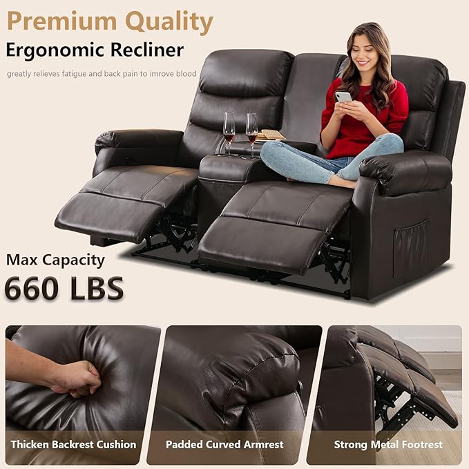 Loveseat Reclining Sofa, Home Theater Seating with Center Console, RV Recliner Sofa with Cup Holders and Pockets, Manual Double Seater Recliner for Living Room, Motor Home, Cinema(Brown)