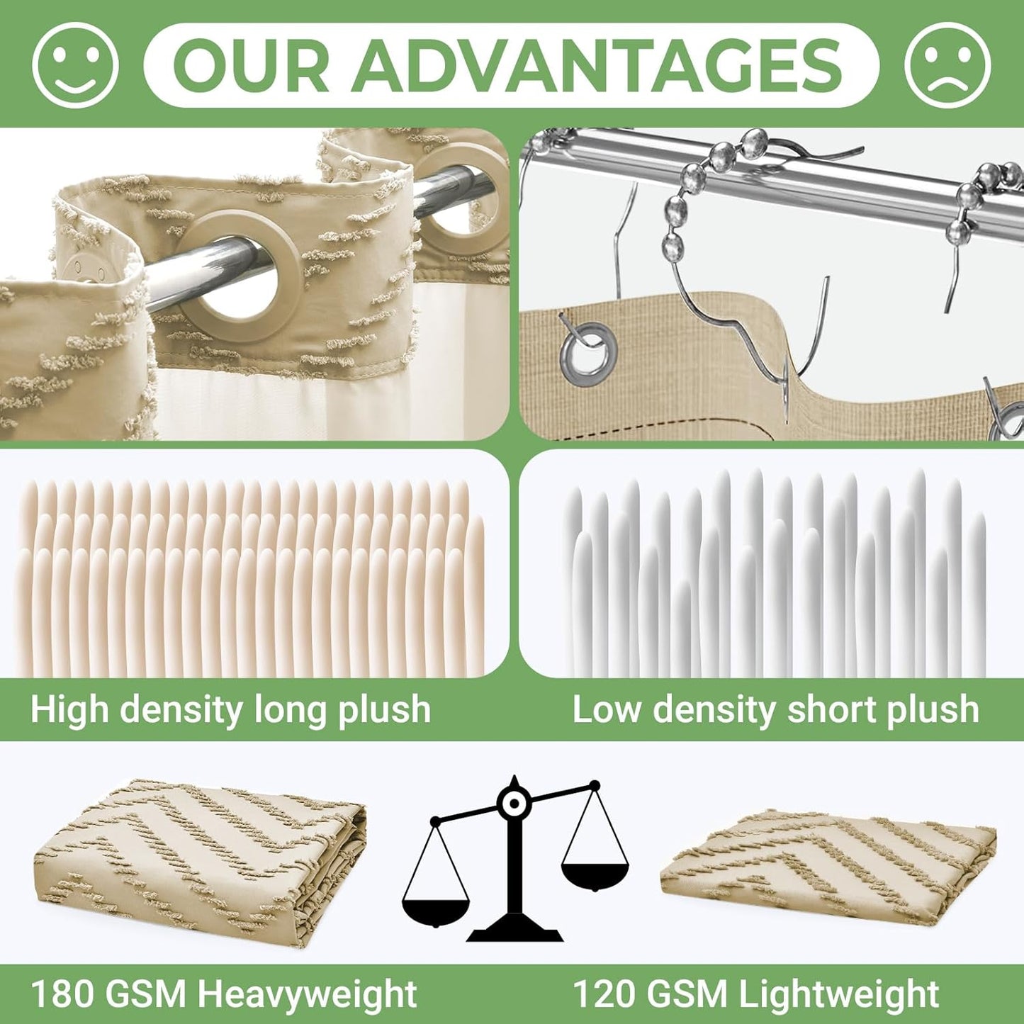 Extra Long No Hook Shower Curtain with Snap in Liner, Tufted Chevron Striped Shower Curtain Set for Bathroom, Boho Waterproof and Washable Shower Curtains,71Wx86H, Khaki