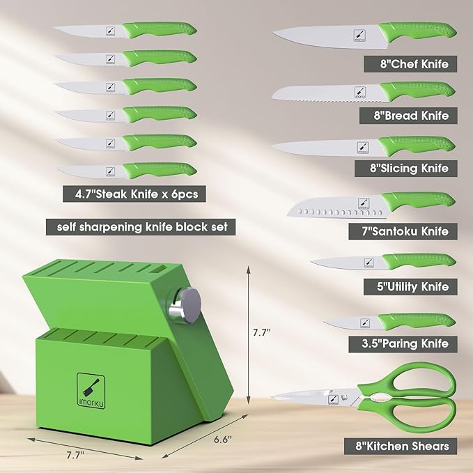 imarku Knife Set with Block, Sharp Knife Set with Built-in Sharpener, Japanese Stainless Steel Kitchen Knife Set with Non-Slip Ergonomic Handle, Dishwasher Safe, Best Holiday Gifts, 14 PCS, Teal Green