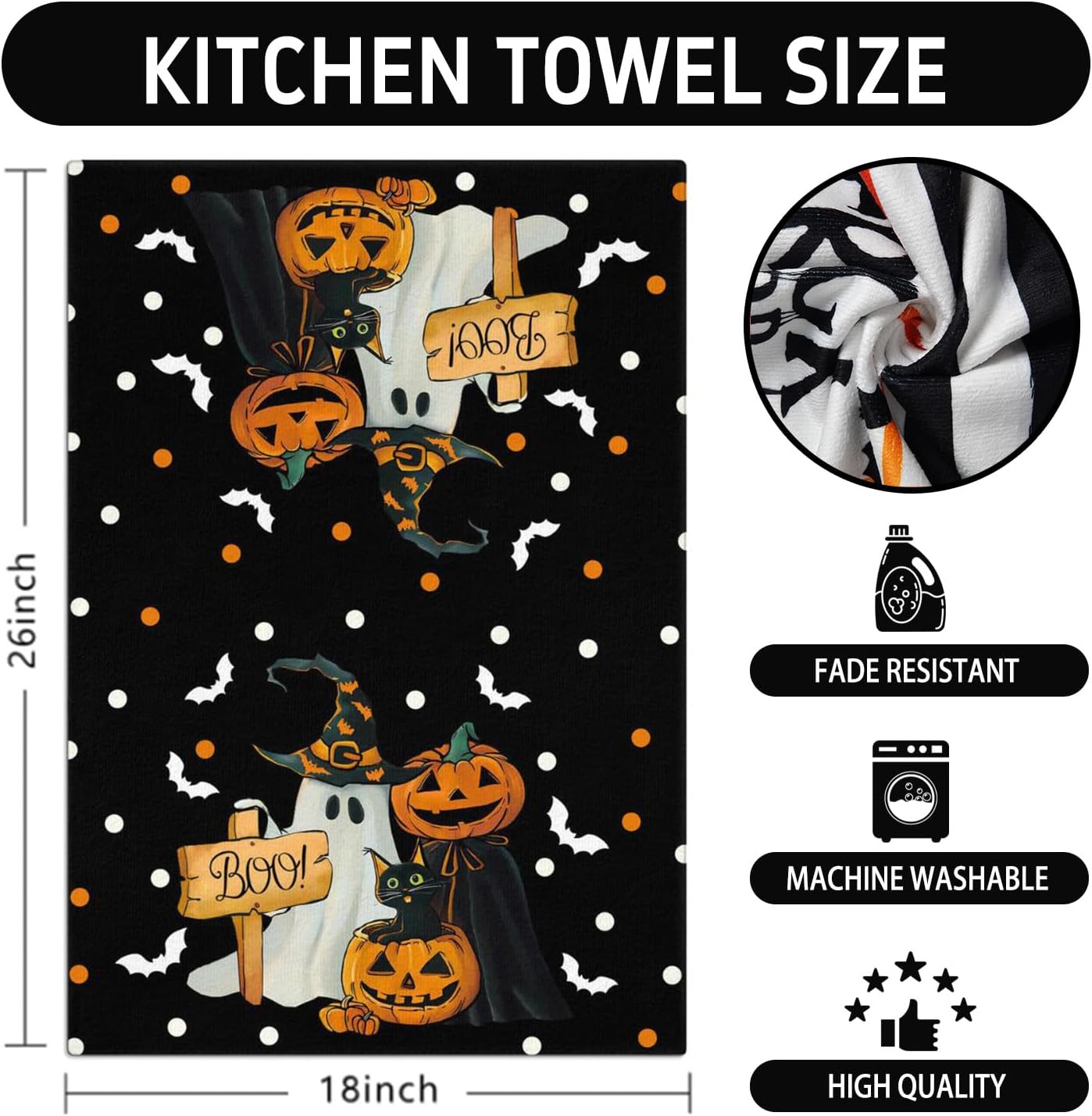 Ghost Pumpkins Cat Boo Halloween Kitchen Towels, Trick OR Treat Dish Towels, Holiday Home Indoor Bathroom Party Seasonal Decorations Hand Towels Set of 2, 18x26 Inch