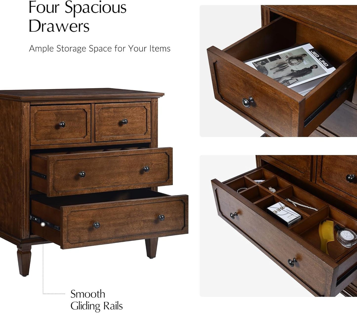 HULALA HOME Mid-Century Modern Nightstand with Charging Station and Divider Tray, 4-Drawer Bedside Table with Solid Wood Legs (Walnut)