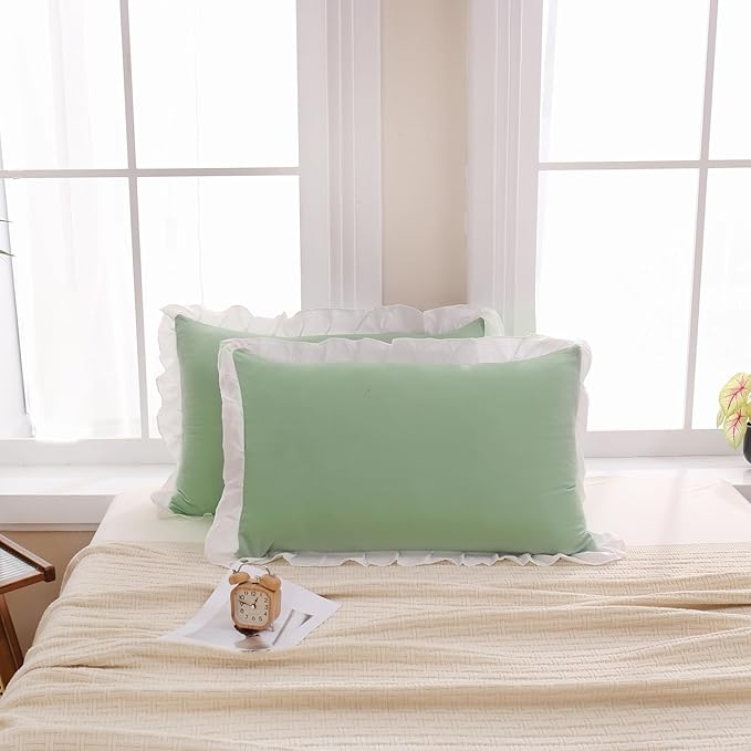 Merryword Green Pillow Shams Green and White Reversible King Pillowcases Cute Pillow Cover Set of 2 Soft Shabby Chic Ruffled Pillowcases 2 Pack (King (20''x36''), Green White)
