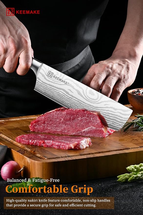 KEEMAKE Nakiri Knife Meat Cleaver: 7 Inch Razor Sharp Chef Kitchen Knife for Cutting Vegetable Cooking Knives - Multipurpose High Carbon Stainless Steel with Pakkawood Handle, Gift box and Sheath