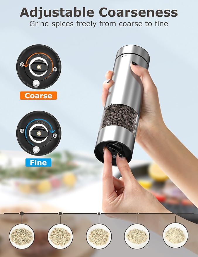 innhom Electric Salt Grinder Pepper Grinder Battery Operated Stainless Steel Pepper Mill Automatic Salt and Pepper Grinder with Adjustable Coarseness, 1 Pack
