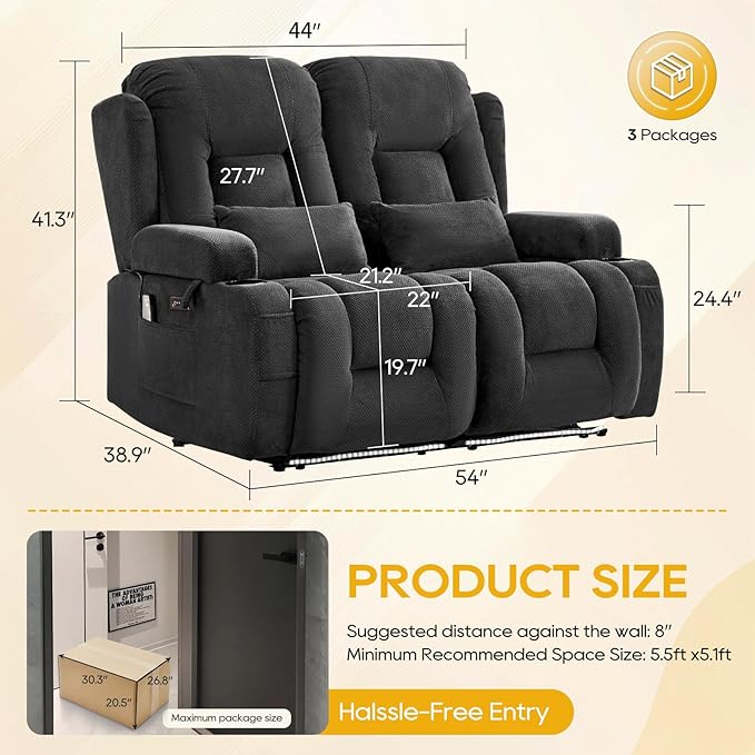 IPKIG 54" Power Reclining Loveseat Sofa, Electric Home Theater Seating with Console/4 Colors Ambient Lighting/USB Ports/Cup Holders for Living Room, Bedroom, Home, RVs (Charcoal, 2 Seater)