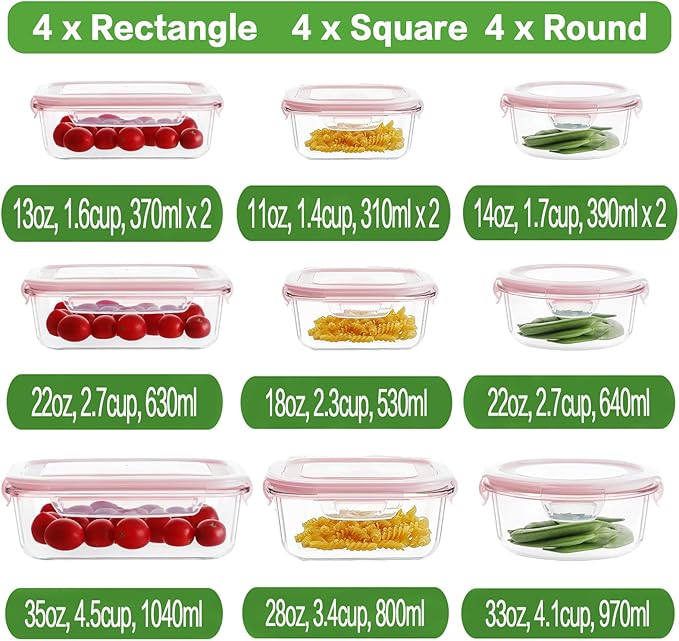 HOMBERKING 24pc Glass Food Storage Containers with Lids, Glass Meal Prep Containers, Airtight Glass Bento Boxes, BPA Free & Leak Proof, Pantry Kitchen Storage(12 lids & 12 Containers) - Pink