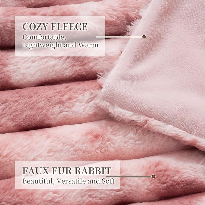 Throw Blanket for Couch - 60" x 80" Faux Rabbit Fur Throw Blanket Cozy Soft Warm Blankets for Bed Sofa Bedroom Living Room Fluffy Striped Blankets for Fall Winter, Home Decor, Pink