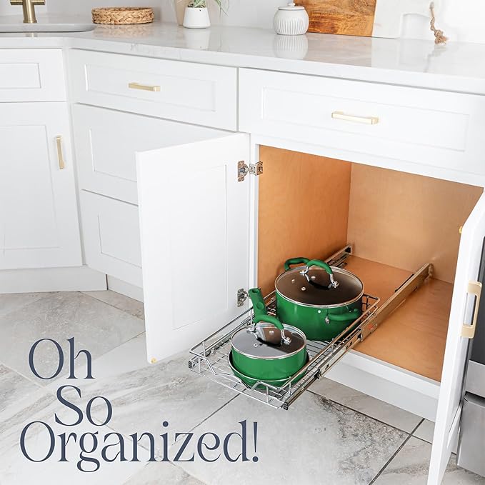 HOLDN’ STORAGE Pull Out Cabinet Organizer, Heavy Duty Caddy w/Lifetime Limited Warranty - 28”W x 21”D - Requires At Least 29-1/4” Cabinet Opening, Steel Metal Cabinet Drawers Slide Out, Chrome