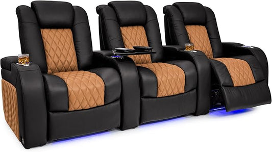Seatcraft Diamante - Home Theater Seating - Living Room - Power Recline - Italian Leather - Powered Headrests - Cupholders - USB Charging - Ambient Lighting - Arm Storage, Black/Tan Oak, Row of 3