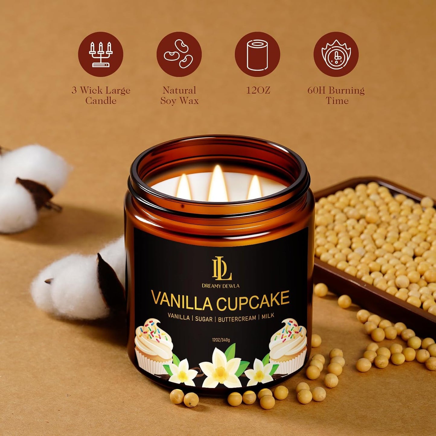 Vanilla Cupcake Scented Candle, 12oz 60 Hour Long Lasting Candles, Large 3 Wick Natural Soy Candles for Home Scented, Candle Gifts for Women Men