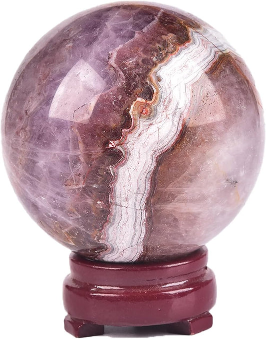 JIC Gem Natural Amethyst Agate Crystal Sphere with Wooden Stand Amethyst Decorative Crystal Gemstone Sphere for Meditation Feng Shui Witch-Style Decor Table 70-80mm