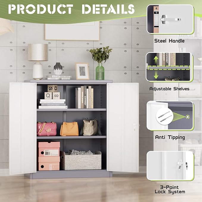 SUNCROWN Metal Storage Cabinets, 36”Locking Cabinet with Doors and Adjustable Shelves, Steel Utility Tool Garage Cabinets for Home, Office, Kitchen,Warehouse （Grey & White）