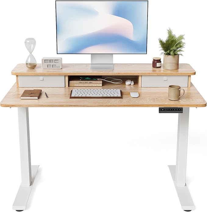 FEZIBO 55 x 24 Inch Height Adjustable Electric Standing Desk with Double Drawer, Computer Desk, Home Office Stand Up Table with 4 Height-Adjustable Feets & 2 Hooks, Maple