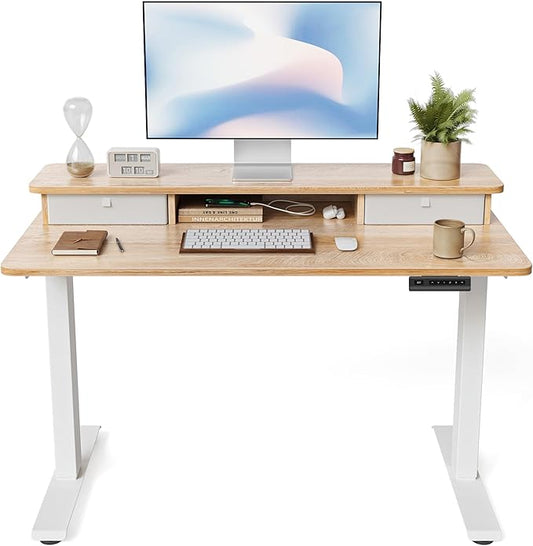 FEZIBO 40 x 24 Inch Height Adjustable Electric Standing Desk with Double Drawer, Computer Desk, Home Office Stand Up Table with 4 Height-Adjustable Feets & 2 Hooks, Maple