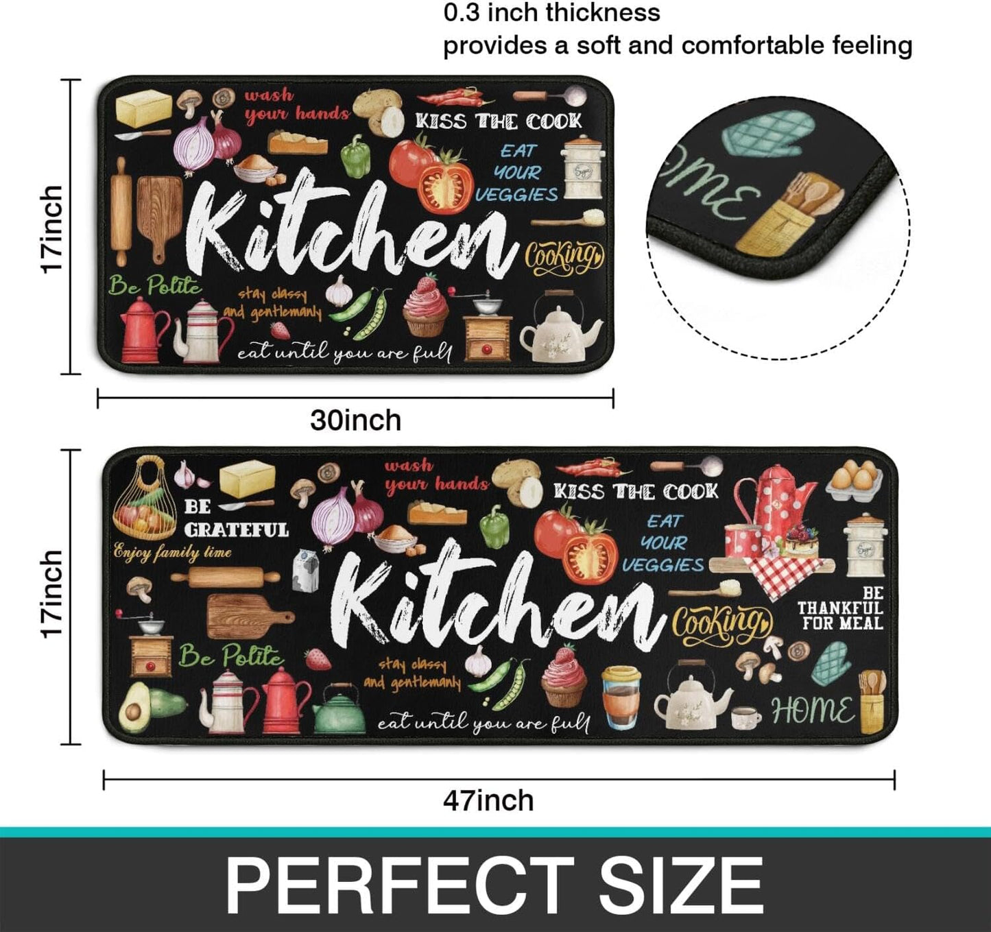 Kitchen Rugs Kitchen Decor Rugs Set Kitchen Rules Theme Non Skid 2 Piece Kitchen Mats for Floor Washable Absorbent Microfiber Kitchens Accessories Decoration Floor Mats 17"x47"+17"x30"