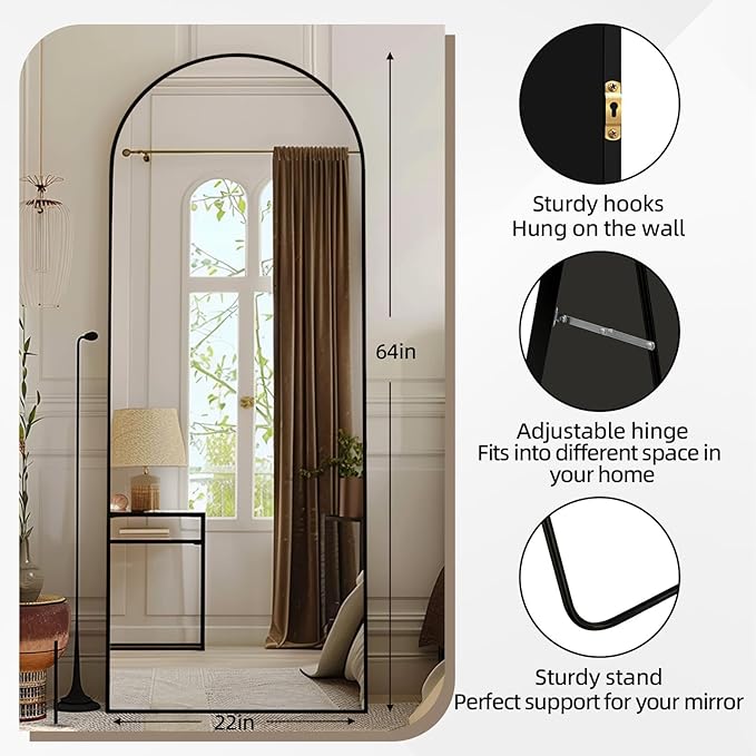 64x22 Arched Full Length Mirror Black,Oversized Floor Standing Mirror with Rust-Resistant Aluminum Frame & Anti-Tilt Base, Modern Arched-Top Design for Bedroom, Living Room, Entryway.
