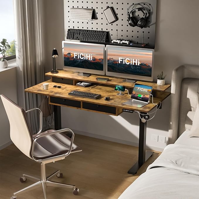 Adjustable Height Standing Desk with 4 Drawers & Wheels,63 x 30 inches Electric Sit Stand Home Office Desk with Two Tiers, 3 Memory Presets, Monitor Stand Riser, USB A/C Charging Port