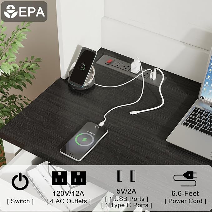 Farmhouse 67" H Executive Desk with Hutch,Office Table with 4 Drawers and LED Light, Computer Desk with Storage Cabinet & File Drawers and Charging Station, Wood Workstation for Home Office,Study