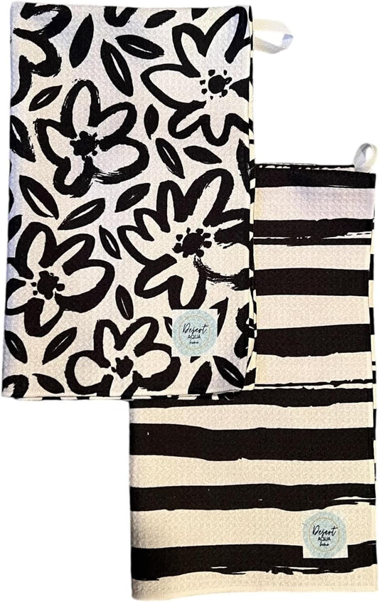 2 Pack Double Sided|| Not Your Ordinary Kitchen Towels || Dish Towels || Quick Dry || Waffle Weave Microfiber || Highly Absorbent || Hanging Hook (Black Daisy)