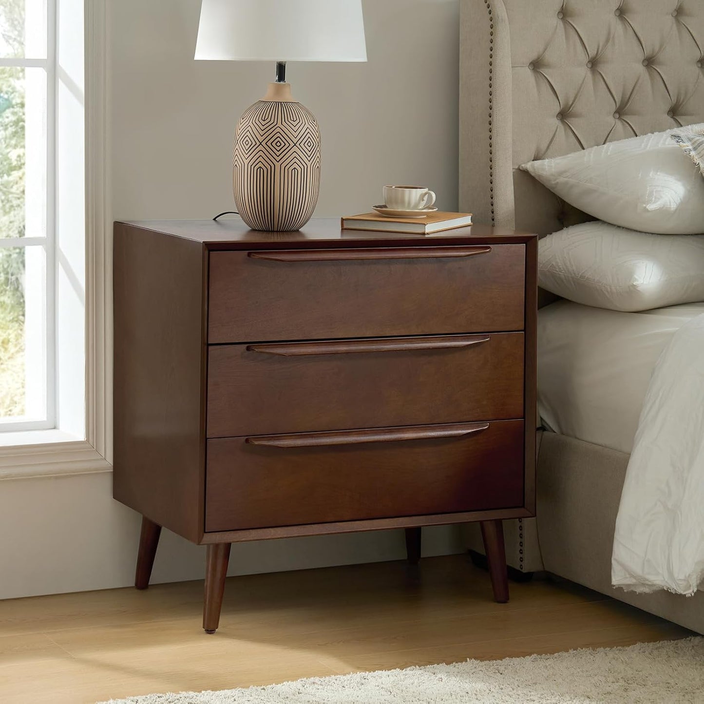 HULALA HOME Mid-Century Modern Nightstand, 3-Drawers Nightstand with Charging Station(Walnut)