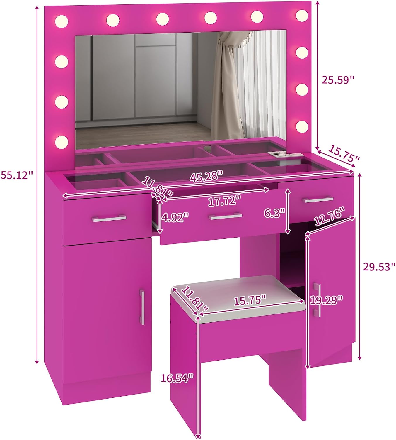 Karl home Vanity Desk with Large Lighted Mirror & Powre Outlet, Glass Tabletop Makeup Vanity Set with 3 Drawers & 2 Cabinet, 45.3" Make up Dressing Table with 12 Lights for Bedroom, Pink