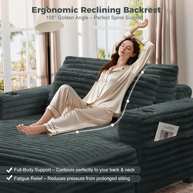 HUSFU 60'' Chaise Lounge Chair Indoor, Oversized Sleeper Sofa, Chaise Lounge Reading Chairs for w/Cup Holder and USB&Type C Port, Fluffy Plush Faux Fur Cloud Sofas Couches for Living Room, Grey Blue