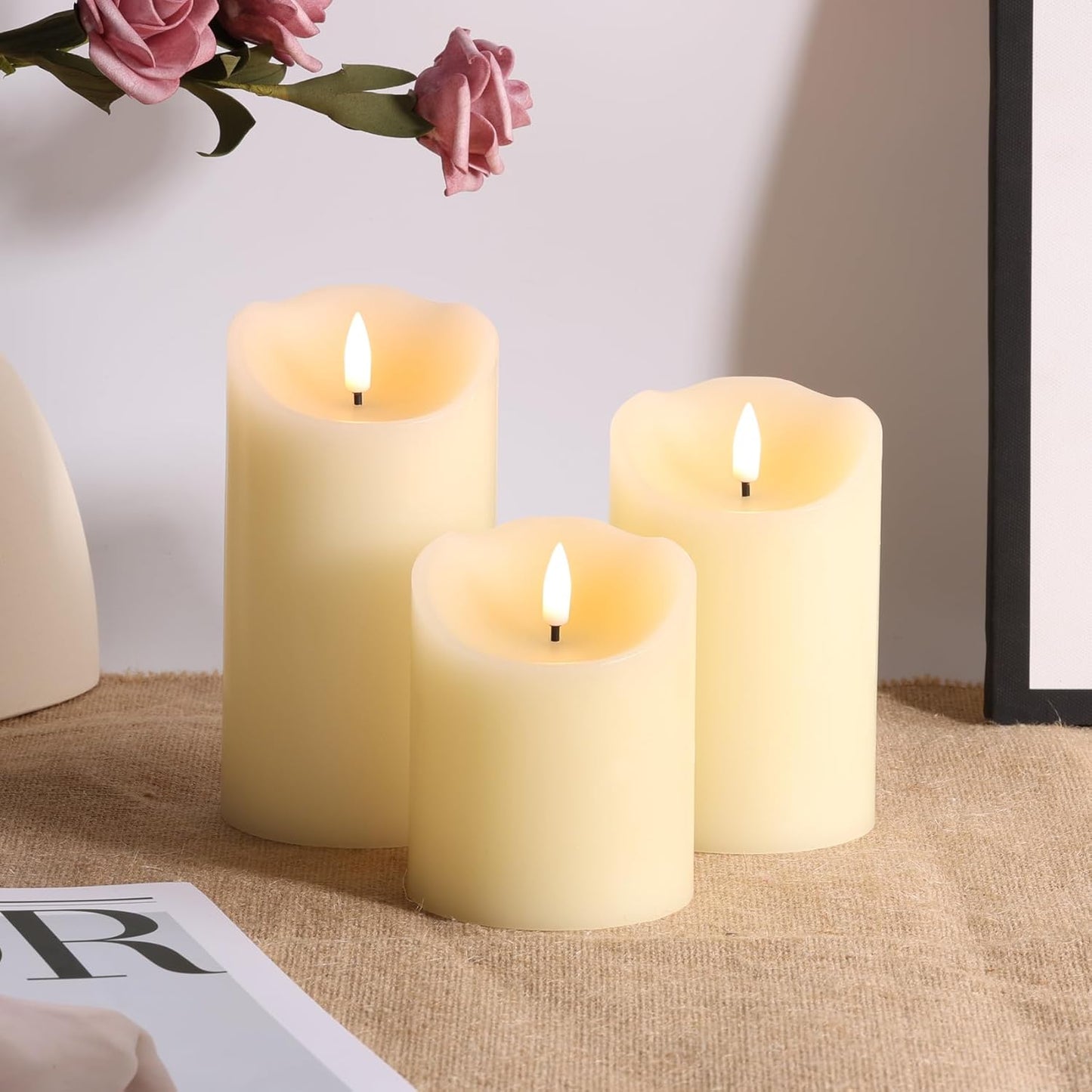 Eywamage Ivory Flameless Pillar Candles with Remote, Flickering Realistic LED Battery Wax Candles Set of 3, Φ 3" H 4" 5" 6"