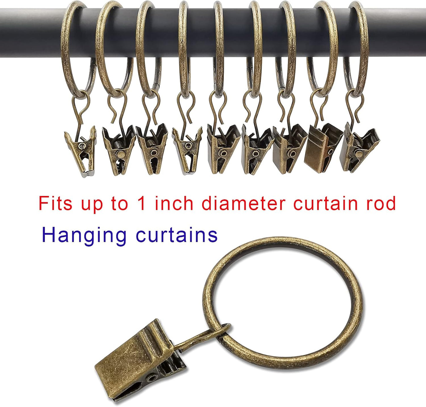 40 Pack Curtain Rings with Clips, Drapery Clips with Rings, Drapes Rings 1.26 in Interior Diameter, Fits up to 1 in Curtain Rod, Bronze