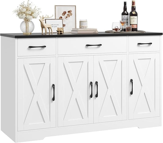 HOSTACK Buffet Sideboard Cabinet with Drawers, 55" Large Buffet Storage Cabinet with Shelves and Doors, Modern Farmhouse Coffee Bar Station Wood Kitchen Table for Kitchen, Dining Room, White/Black