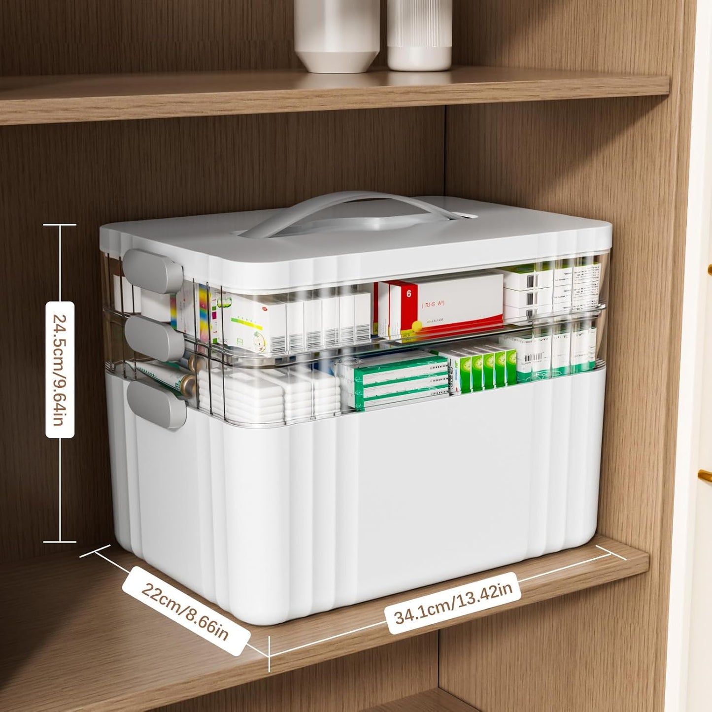 3-Tier Medicine Organizer - Portable Medicine Cabinet with Plastic Handle, Multipurpose Medical Box with Pill Box, Empty First Aid Kit for Home
