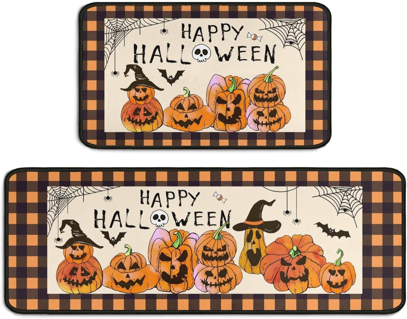 2 Piece Halloween Kitchen Decor Rugs Set,Cute Pumpkin Kitchen Rugs and Mats Non Skid Washable Absorbent Kitchen Accessories Decoration Floor Mats 17"x47"+17"x30"