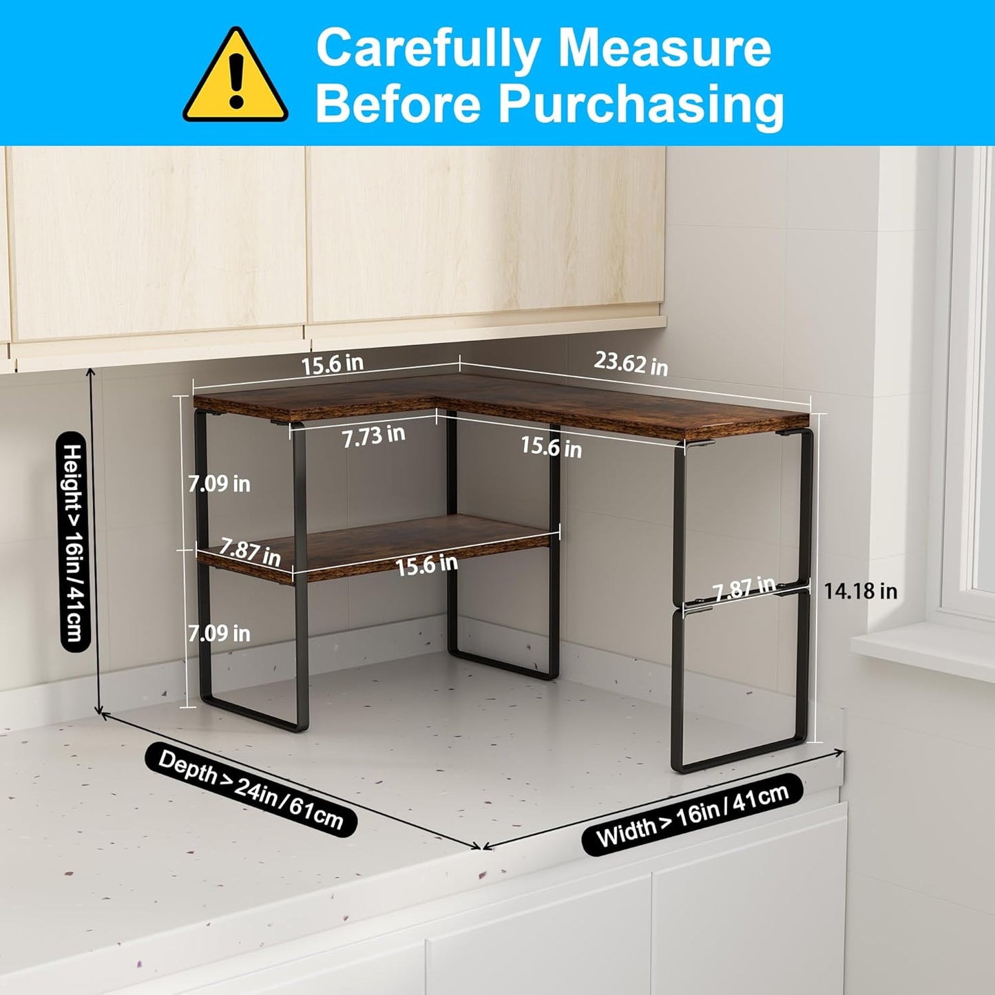 Golener Countertop Organizer Corner Shelf, 2 Tier Adjustable Stackable Corner Shelves for Kitchen, Bathroom, Spice Rack, Coffee Area, Over Sink, Dresser Table, Corner Counter Shelf Stand, Rustic Brown