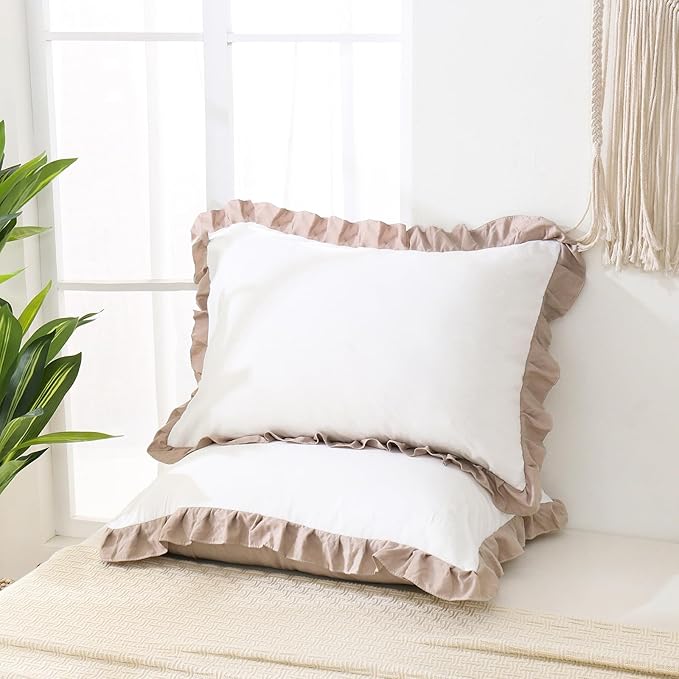 Merryword Taupe Pillow Shams White and Taupe Reversible Standard Pillowcases Cute Pillow Cover Set of 2 Soft Shabby Chic Ruffled Pillowcases 2 Pack (Queen (20''x30''), White Taupe)
