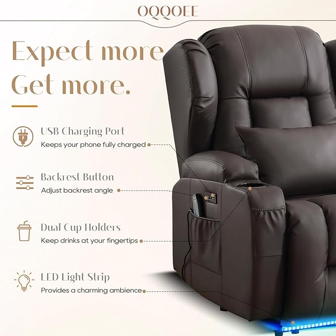 Wall Hugger Power Recliner Chair, Home Theater Seating Electric Recliing Sofa with Massage & Heat, Cup Holder, USB Port, LED Ambient Light, Storage for Living Room (Brown, 2 Chairs + Console)