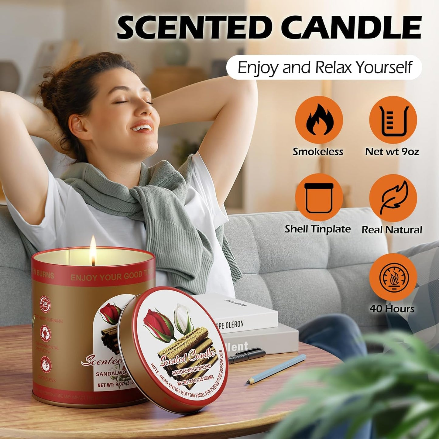 Sandalwood & Rose Scented Candles Gift Set | 2 Pack,8% Essential Oils,80-Hour Clean Burn Smoke-Free | Tin Jar Soy Wax Aromatherapy Candles Relaxation Meditation for Home Birthday Gifts for Men & Women