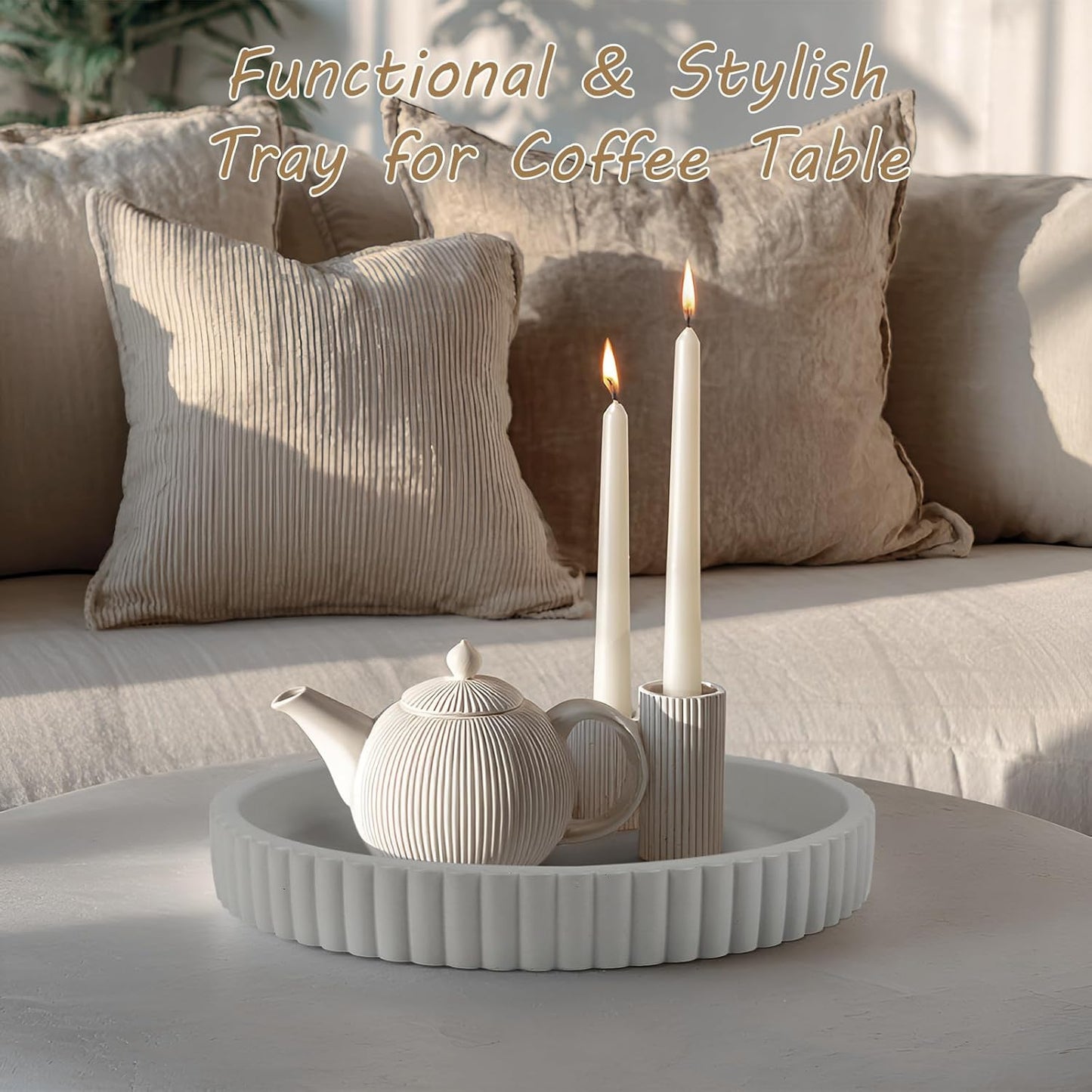 Round Decorative Tray for Coffee Table Decor-Modern Home Decor Tray-Concrete Coffee Table Serving Tray-Centerpiece Table Tray-Ottoman,Vanity, Bathroom, Kitchen,Dresser (Gray)