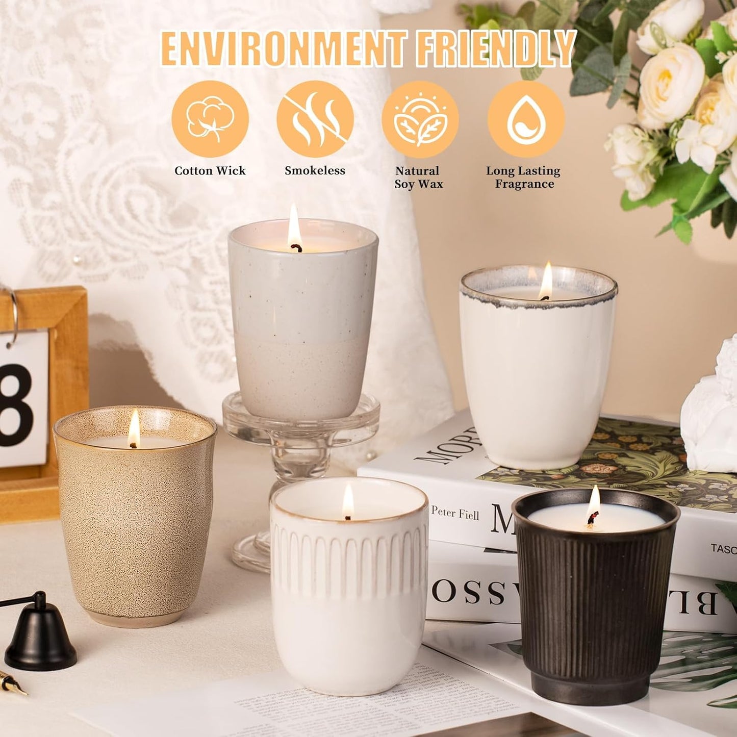 Scented Candle, 9oz White Soy Candles, Lavender Scented Candles for Women & Men, Long-Lasting Aromatherapy Jar Candle Wax for Home, Bathroom, Non Toxic Candle Gift (Ceramic Cup 7)