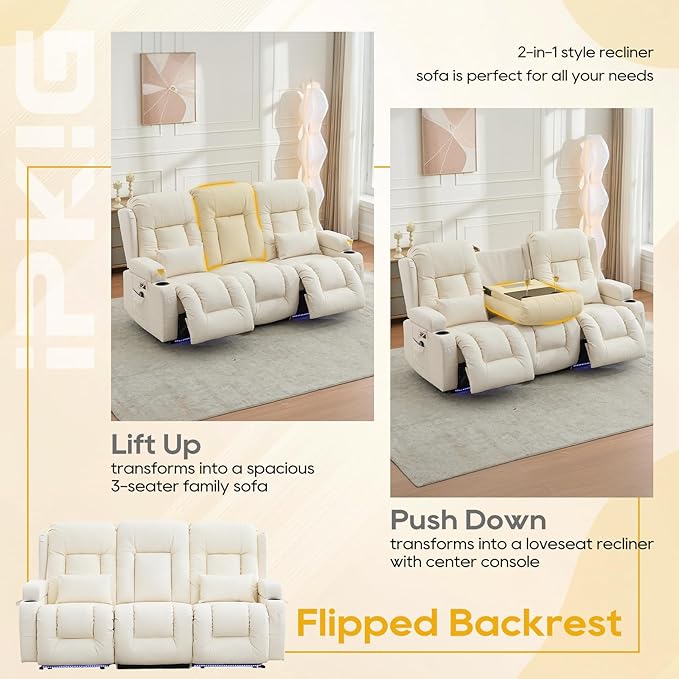 IPKIG 76" Power Reclining Sofa, Electric Home Theater Seating with Flipped Middle Backrest/LED Lighting/USB Ports/Built-in Outlets, Dual Recliner Sofa 3 Seater for Living Room RV (Off-White)